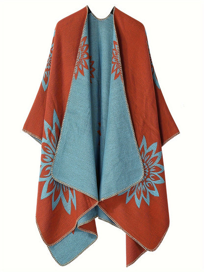 Wickelponcho Damen mit Blumenmuster beidseitig tragbar Decke