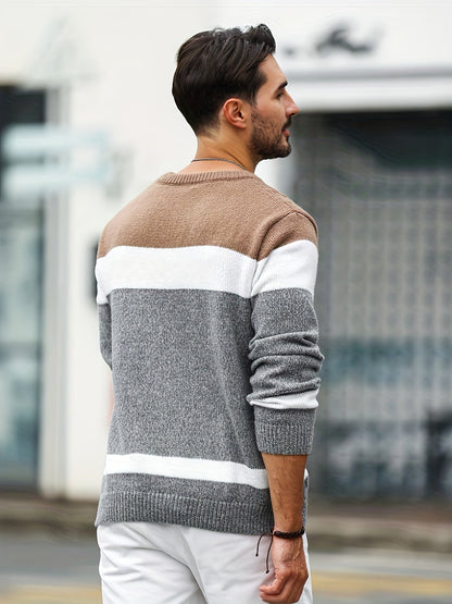 Men's knitted sweater, crew neck, cable-knit pattern, multicolored striped