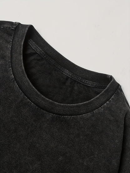 Unisex long-sleeve shirt, black cotton-look fabric, crew neck, “NO RISK NO STORY” print with sleeve patches