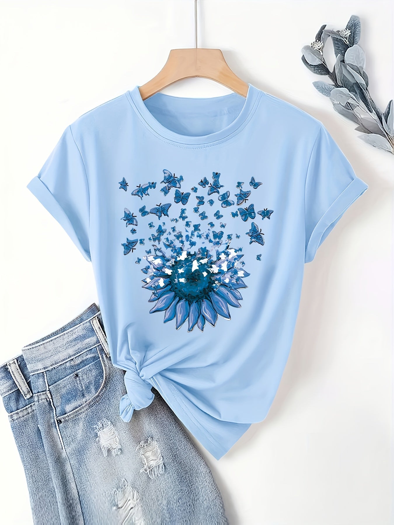 Women's T-shirt with Sunflower and Butterfly Print, Casual Style, Spring/Summer