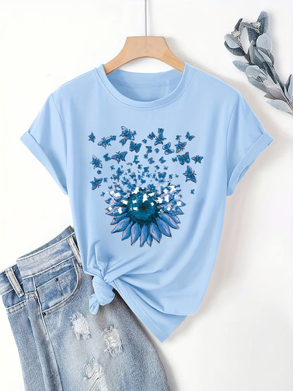 Women's T-shirt with Sunflower and Butterfly Print, Casual Style, Spring/Summer