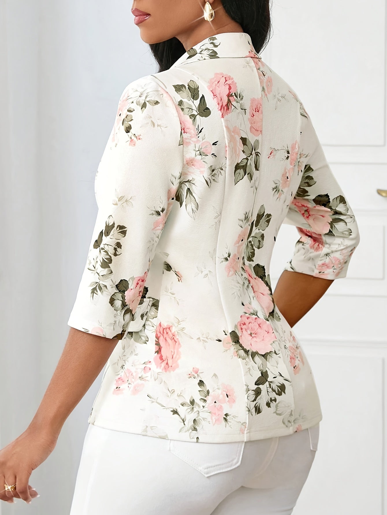 Women's Elegant Blazer with Floral Pattern and 3/4 Sleeves for Office and Casual Wear
