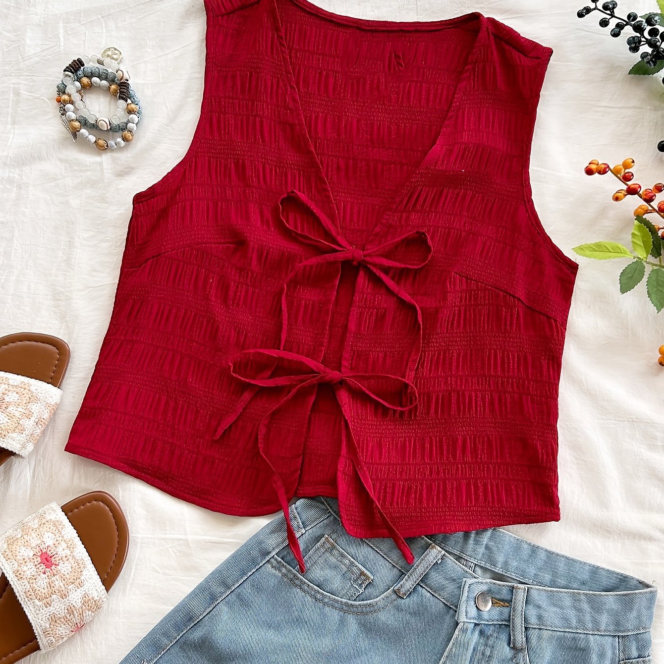Women's sleeveless vest with tie and crinkle look – Boho streetwear for leisure & vacation