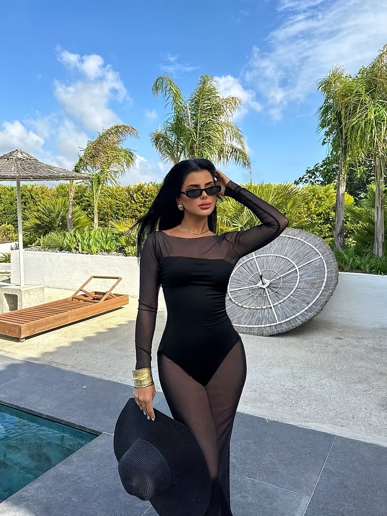 Women's Maxi Dress Beach Cover-Up Elegant Sheer Fitted Vacation Pool Party