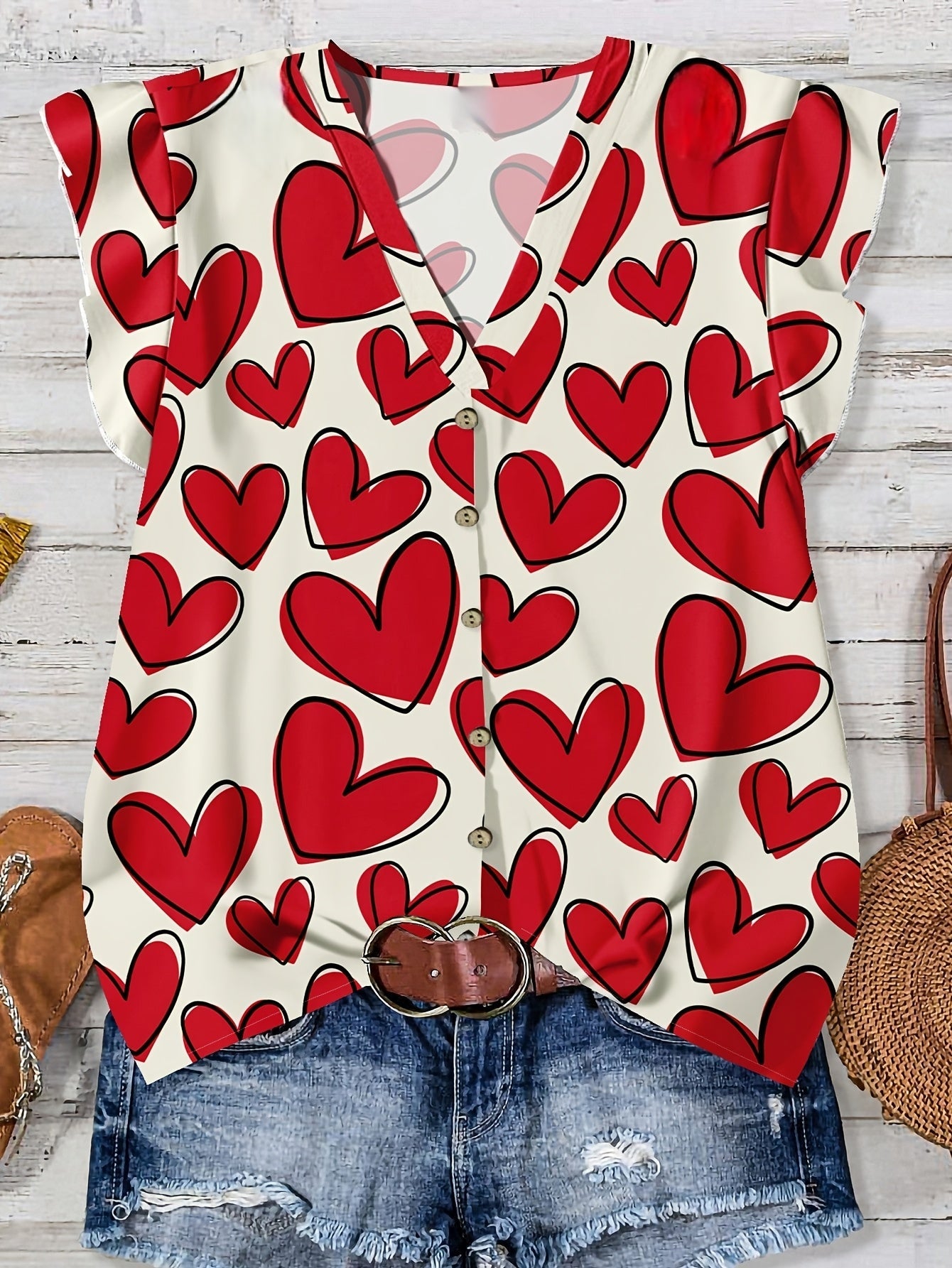 Women's summer blouse with hearts, V-neck, button placket, casual & romantic style
