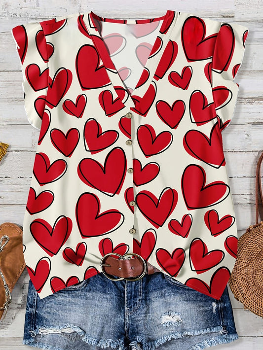 Women's summer blouse with hearts, V-neck, button placket, casual & romantic style