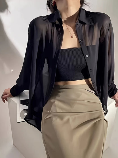 Women's Long Sleeve Blouse Transparent Loose Modern for Everyday and Leisure