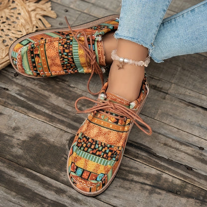 Women's Vintage Casual Shoes with Colorful Ethnic Pattern and Laces – Fashionable Penny Loafers for Everyday & Travel