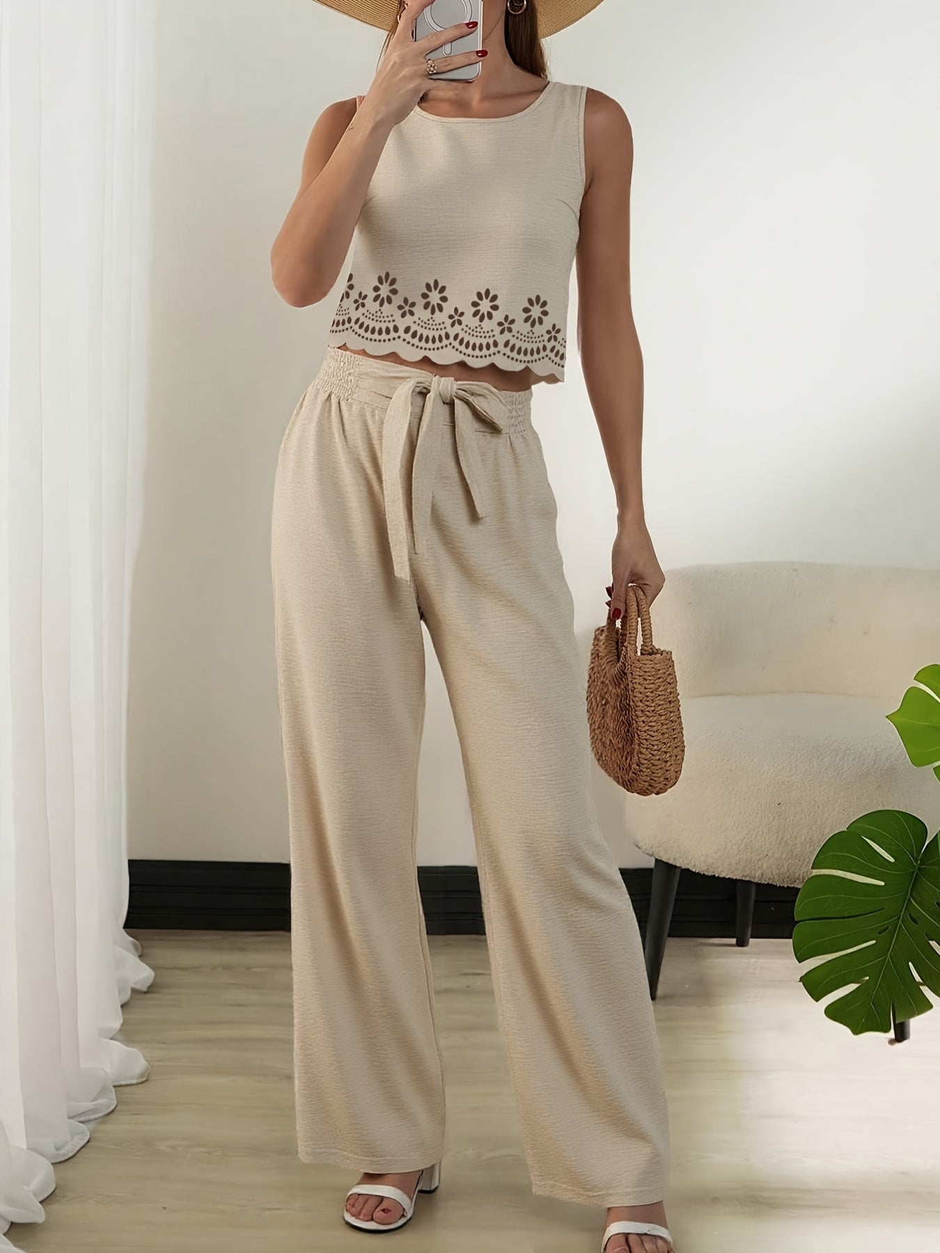 Women's Two-Piece Set Elegant – Sleeveless Crop Top with Eyelet Embroidery and Wide Pants, Perfect for Spring and Summer