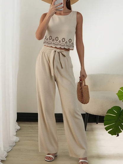 Women's Two-Piece Set Elegant – Sleeveless Crop Top with Eyelet Embroidery and Wide Pants, Perfect for Spring and Summer
