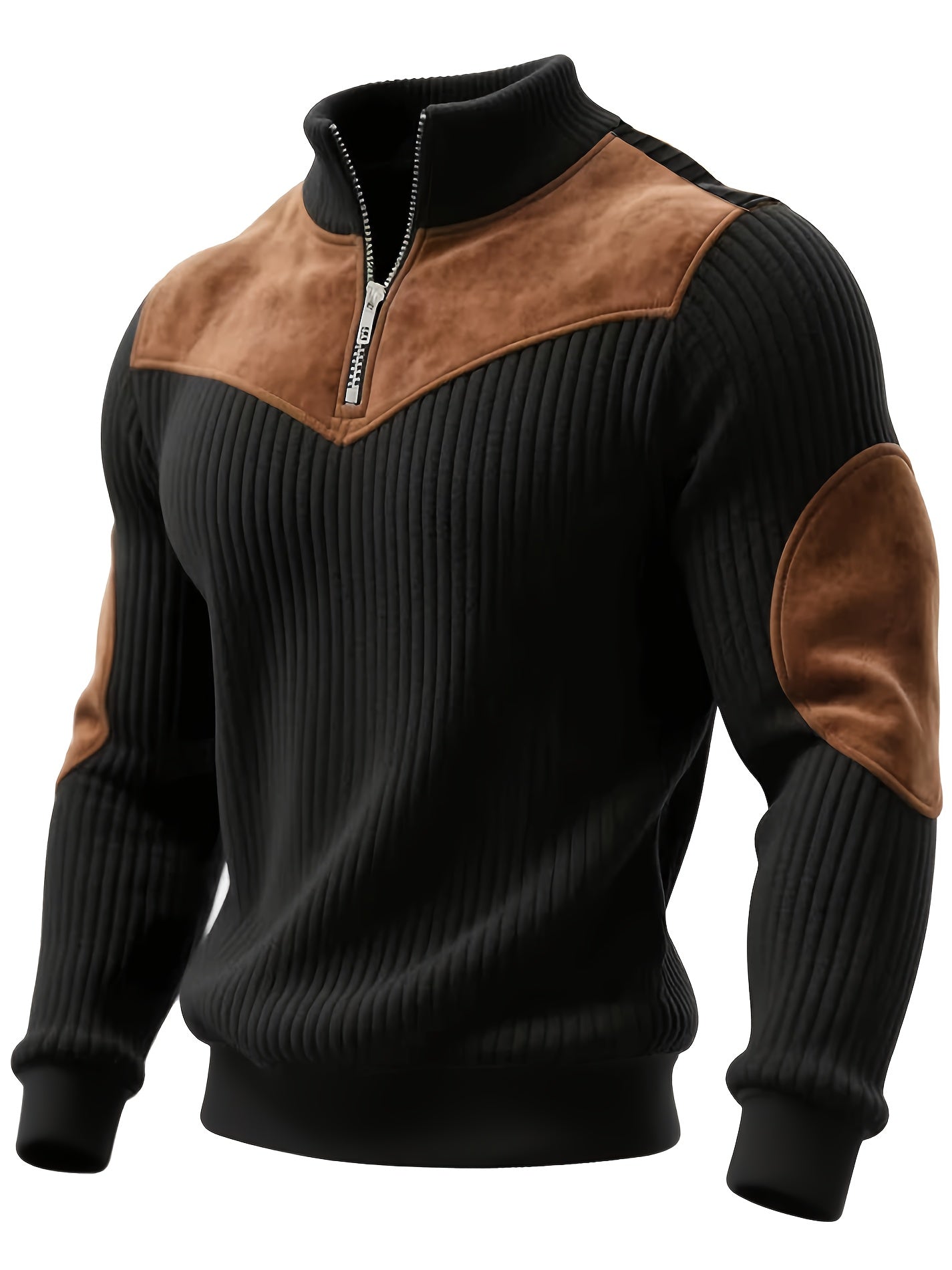 Ribbed men's quarter-zip sweater with suede-look patches