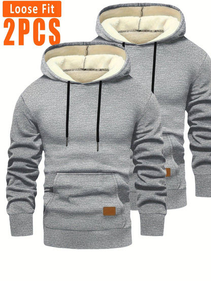 2-pack of men’s hooded sweatshirts, fleece-lined, with kangaroo pockets and drawstrings, black & dark gray