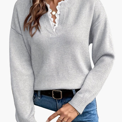 Women's Elegant Knit Sweater with Lace Trim and V-Neck – Ideal for Everyday and Office
