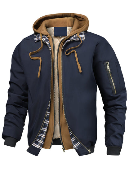 Herren Bomberjacke mit Kapuze Steppfutter Kariert Beige