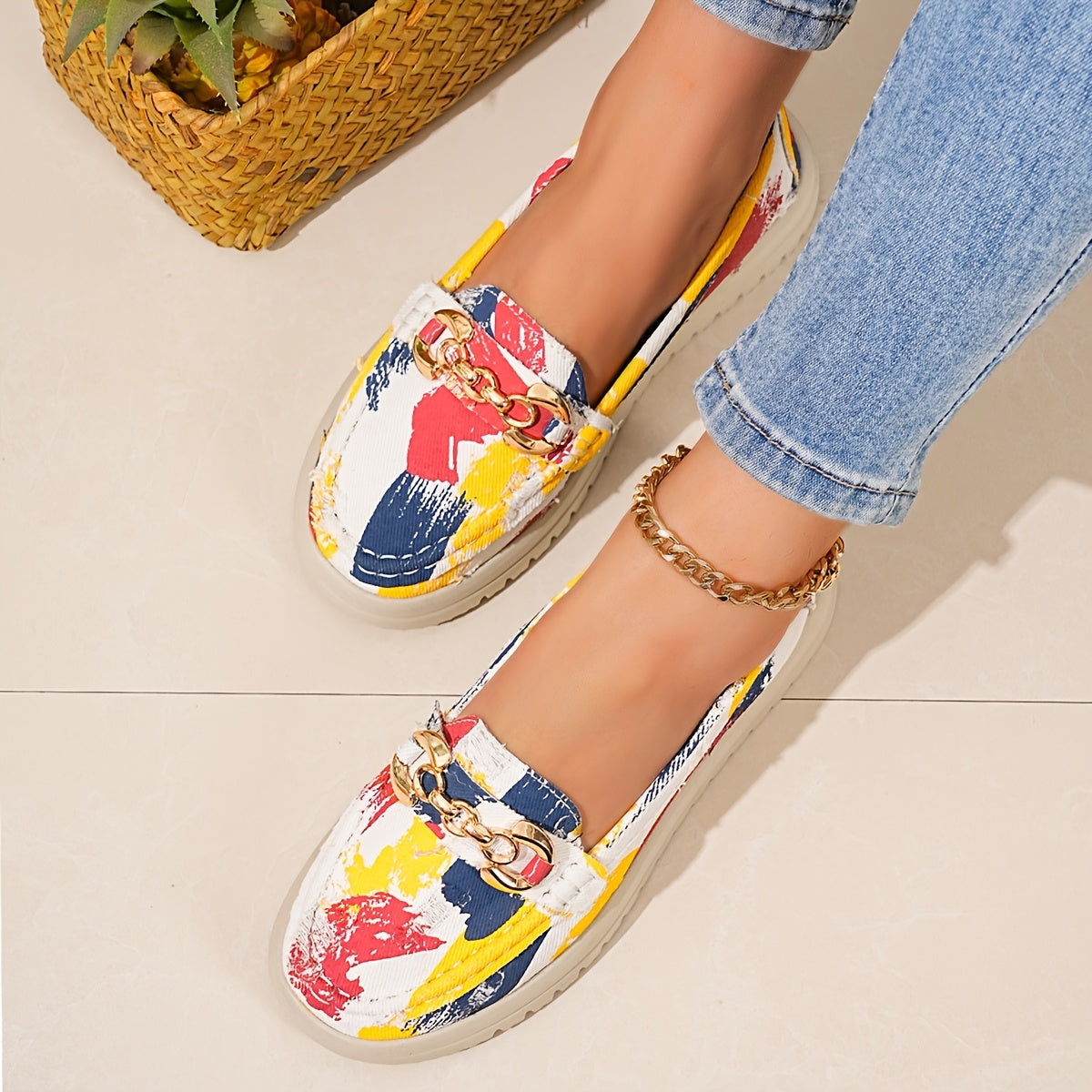 Damen Slip-On Freizeitschuhe mit modischem Ketten-Detail – Bequeme Alltags-Loafer im trendigen Used-Look