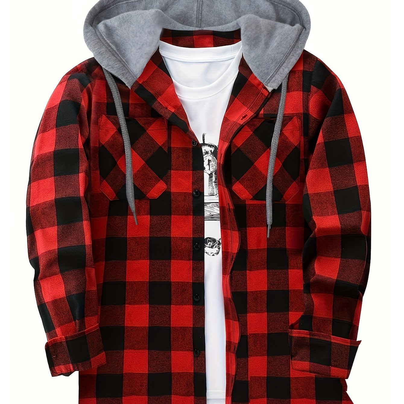 Men’s plaid hooded shirt with button placket