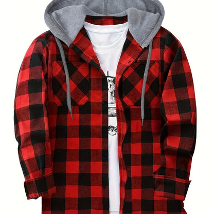 Men’s plaid hooded shirt with button placket