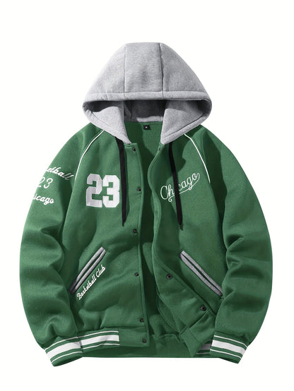 Men’s baseball jacket with hood, snap buttons, embroidery, and ribbed cuffs