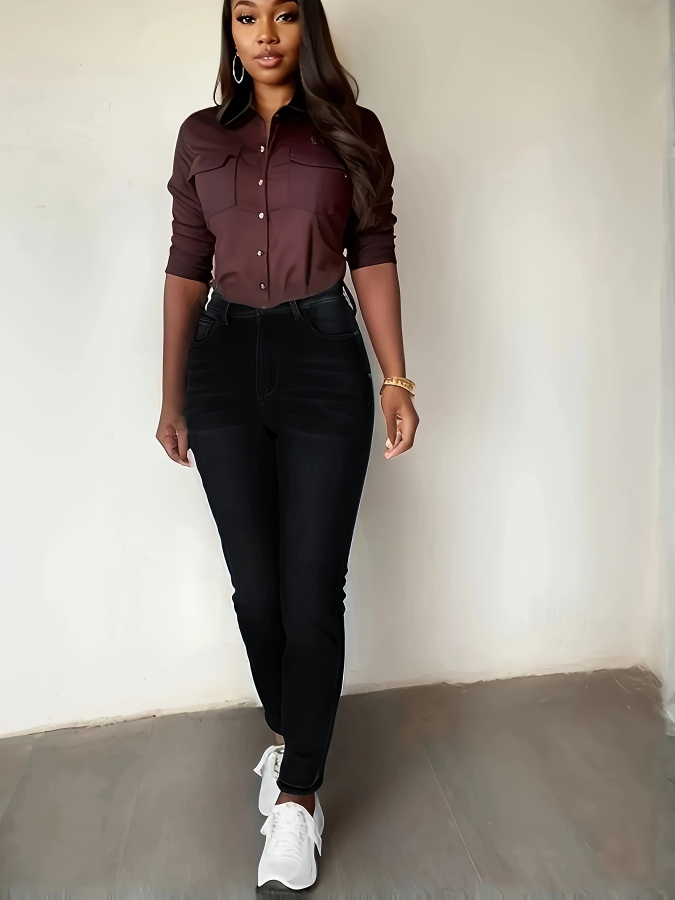 Black fleece-lined thermal jeans leggings with stretch for women