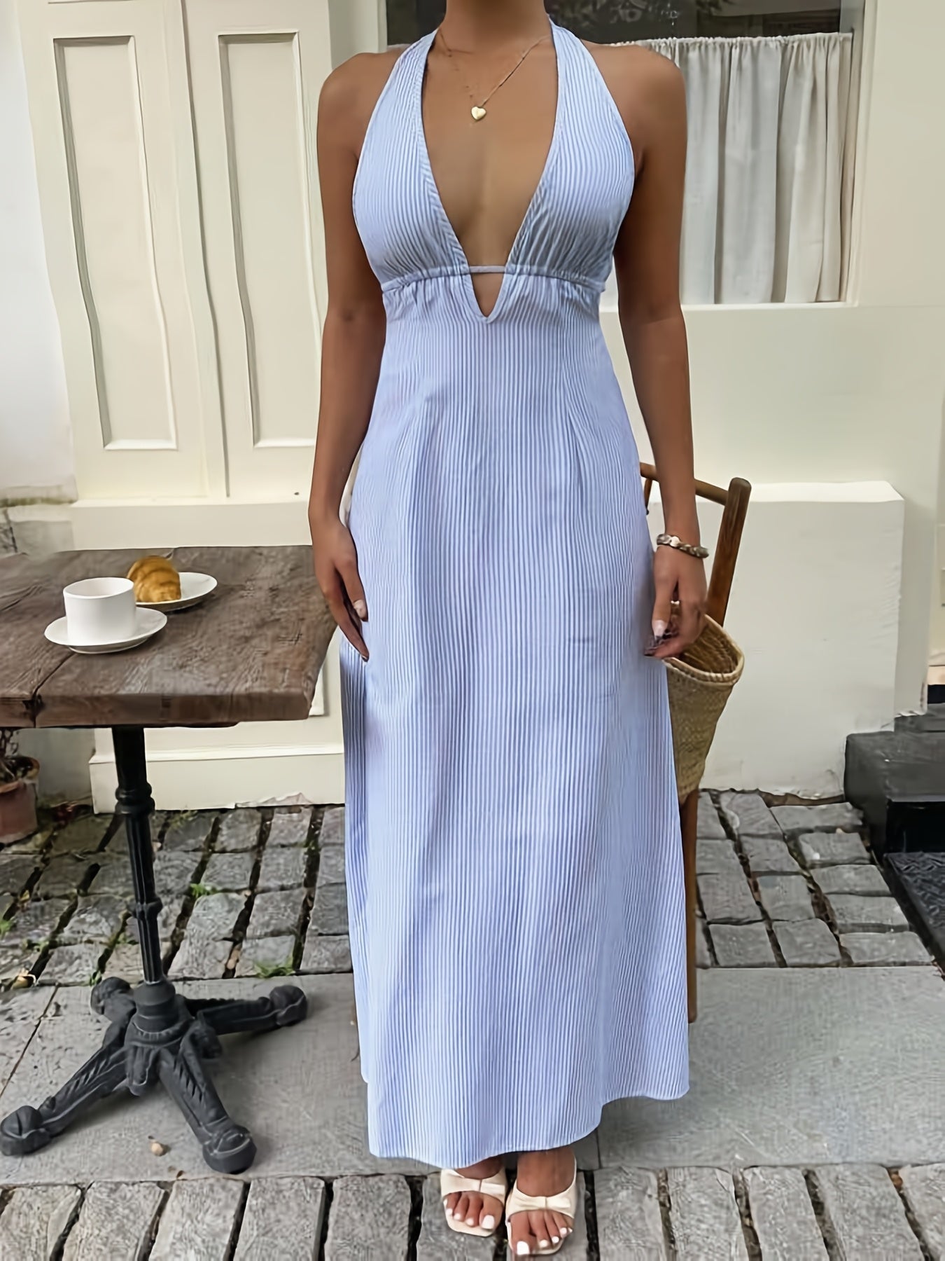 Women's halterneck maxi dress with stripes – Elegant summer dress for vacation and garden party