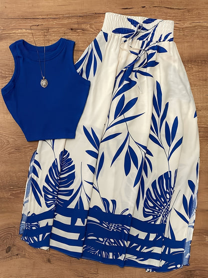 Women's Summer Set with Crop Top and Maxi Skirt – Tropical Print, Vacation, Casual