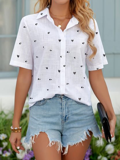 Women's Short-Sleeve Blouse with Heart Pattern, Casual Summer Shirt, Fashionable Leisurewear
