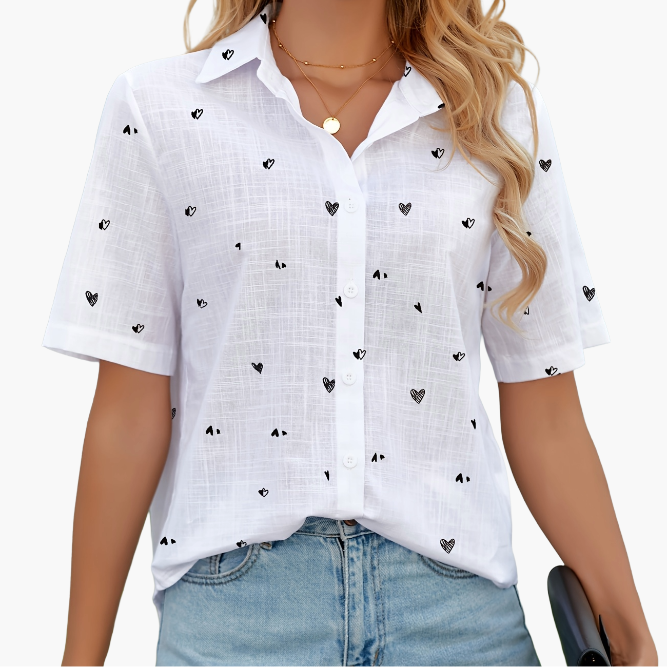 Women's Short-Sleeve Blouse with Heart Pattern, Casual Summer Shirt, Fashionable Leisurewear
