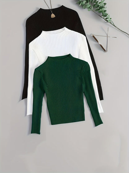Gerippter Langarm-Pullover mit Stehkragen für Damen, einfarbig