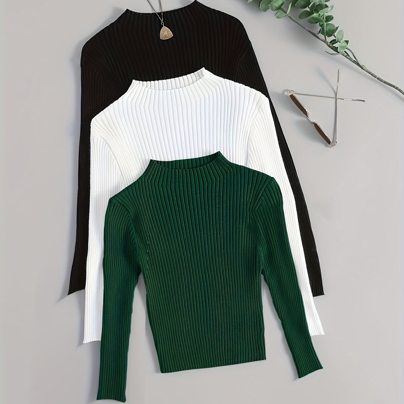 Gerippter Langarm-Pullover mit Stehkragen für Damen, einfarbig