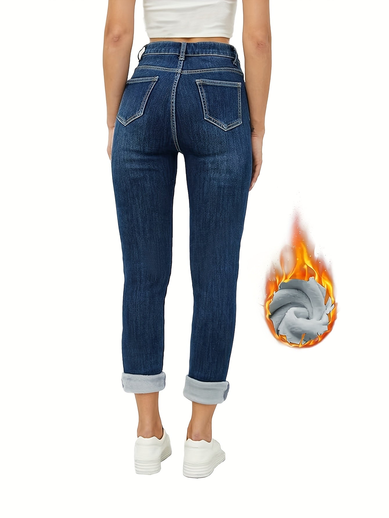 Gefütterte Damen Jeans Dunkelblau mit Hohem Bund
