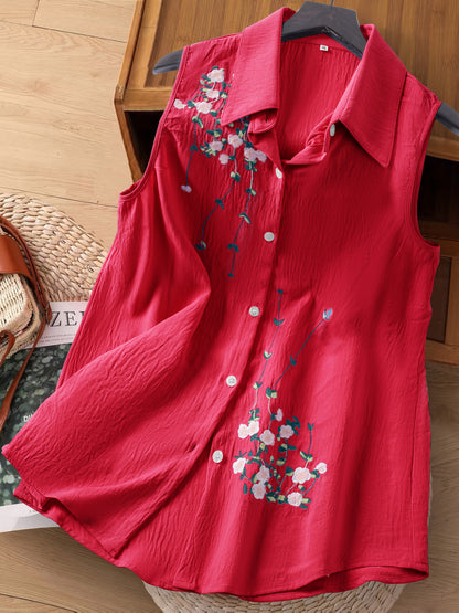 Damen ärmellose Bluse mit Blumenstickerei und Knopfleiste – Eleganter Freizeitstil