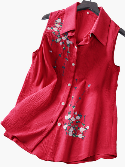 Damen ärmellose Bluse mit Blumenstickerei und Knopfleiste – Eleganter Freizeitstil