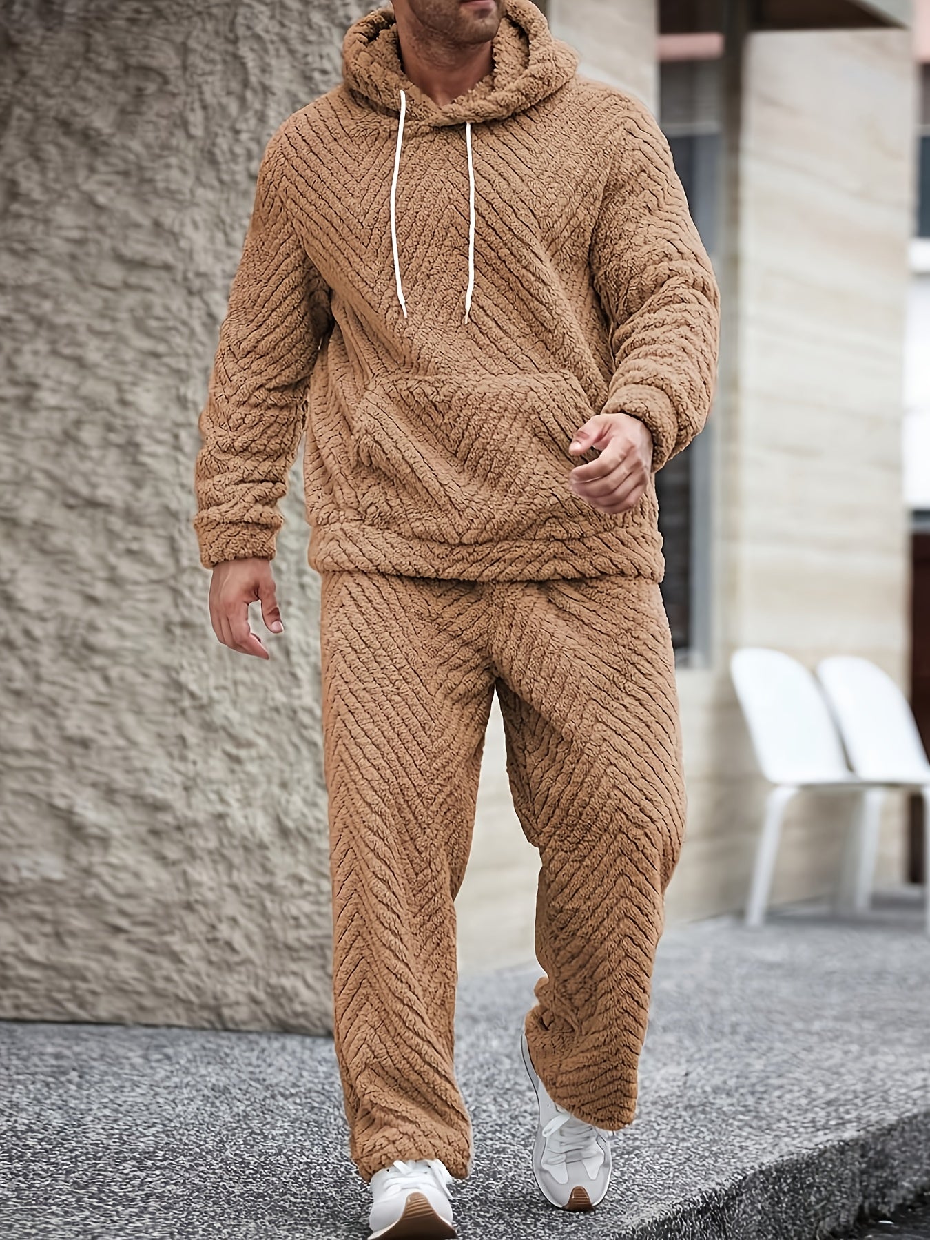 Men's Lounge Set Sherpa Hoodie & Herringbone Pants