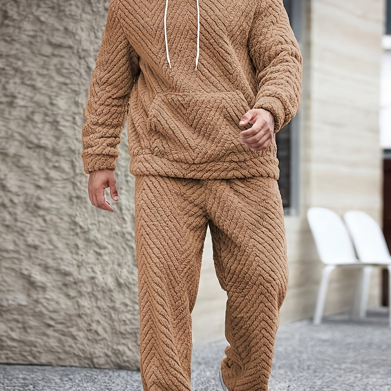 Men's Lounge Set Sherpa Hoodie & Herringbone Pants