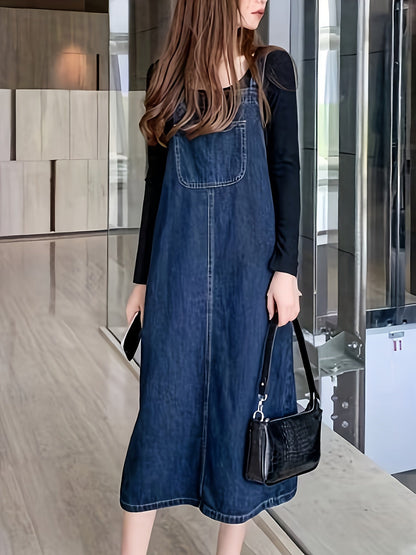 Women's Denim-Look Pinafore Midi Dress with Pocket – Fashionable Casual Dress for Everyday and City Wear