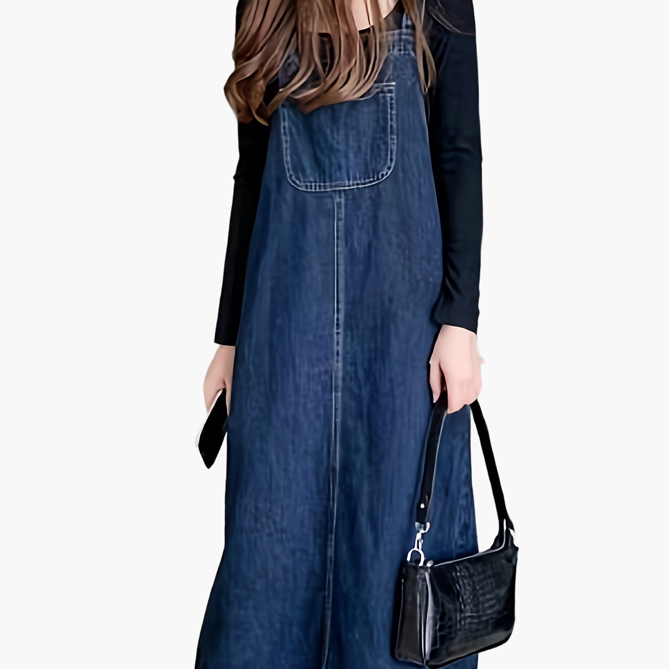 Women's Denim-Look Pinafore Midi Dress with Pocket – Fashionable Casual Dress for Everyday and City Wear