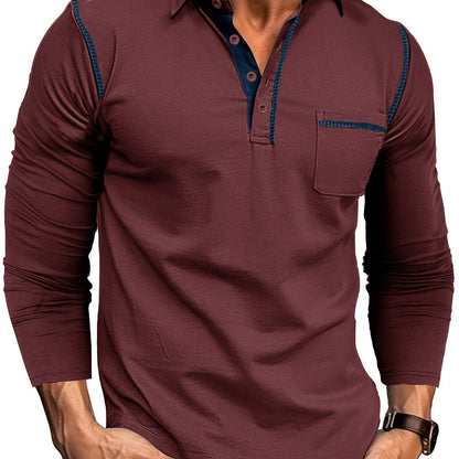 Men's long-sleeve polo shirt with chest pocket and contrast stitching