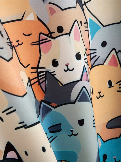 Herren Kurzarm Freizeithemd mit buntem Katzen-Comic-Muster – Verspieltes Sommerhemd für Alltag und Urlaub