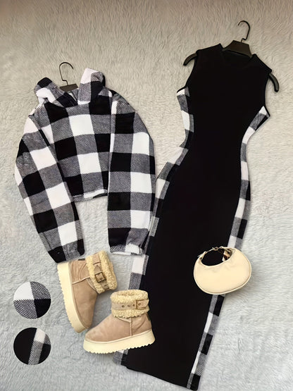 Women’s Hoodie & Dress Two-Piece Set, Black-and-White Plaid