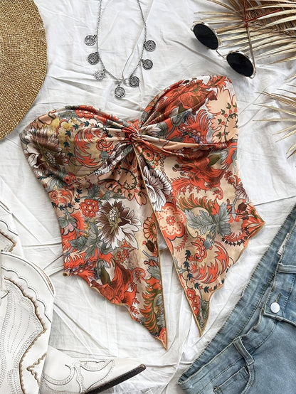 Women's Bandeau Crop Top with Floral Pattern and Knot Detail – Vintage Style for Summer and Festivals