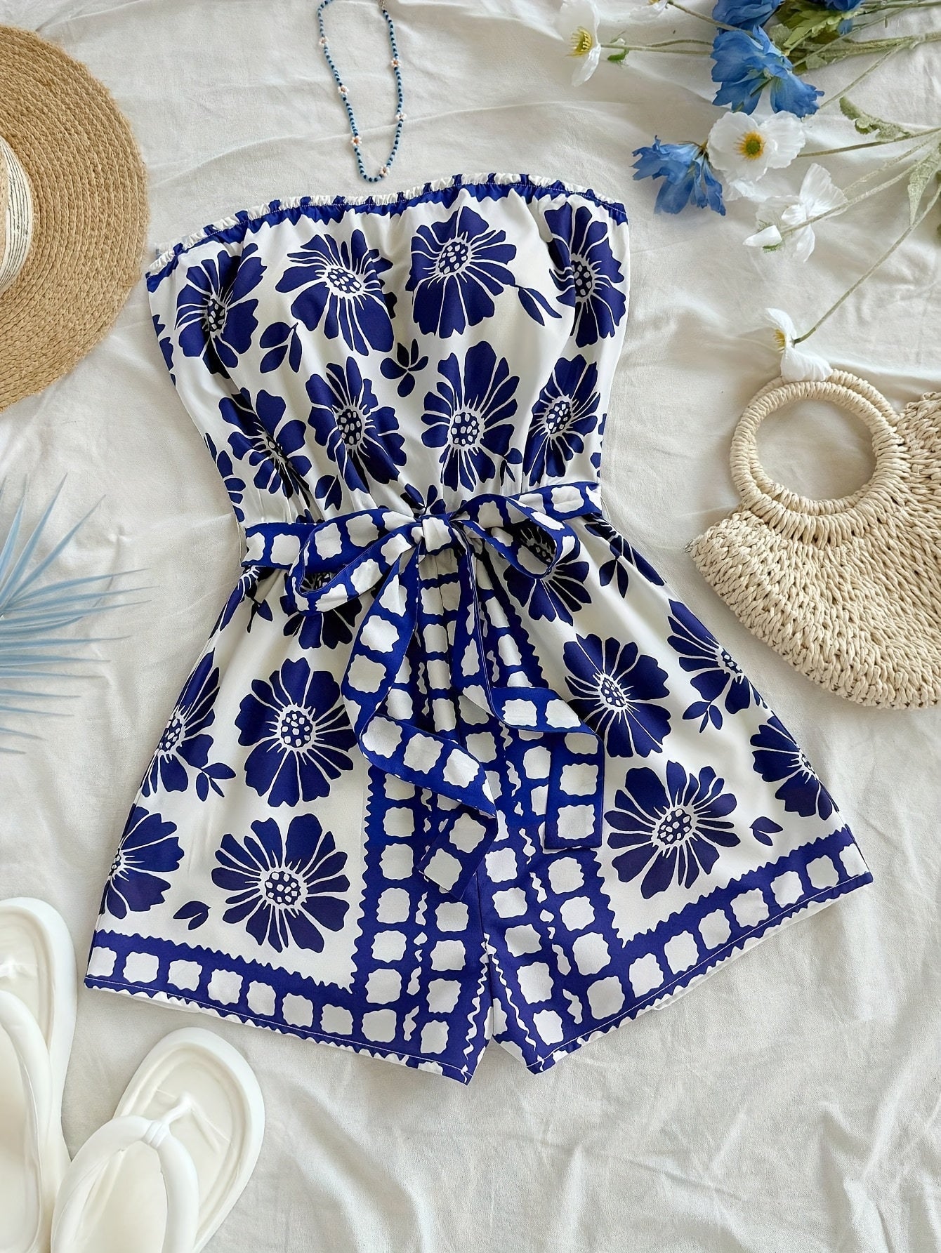 Women's Bandeau Jumpsuit with Floral Pattern and Waist Belt – Summer One-Piece for Vacation and Leisure
