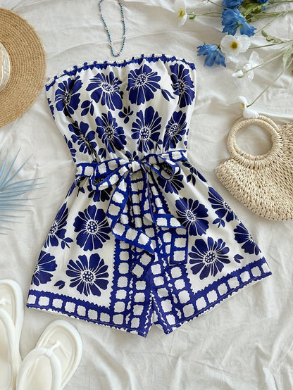 Women's Bandeau Jumpsuit with Floral Pattern and Waist Belt – Summer One-Piece for Vacation and Leisure