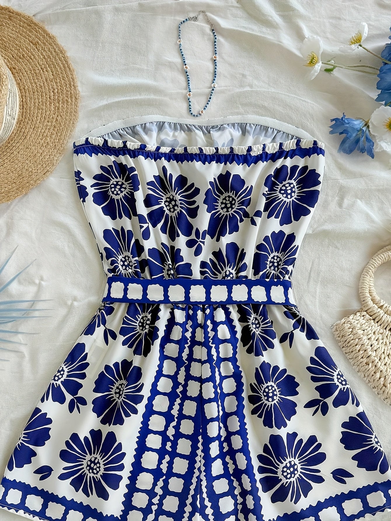 Women's Bandeau Jumpsuit with Floral Pattern and Waist Belt – Summer One-Piece for Vacation and Leisure