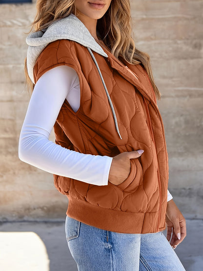 Women's quilted vest with hood in rust brown