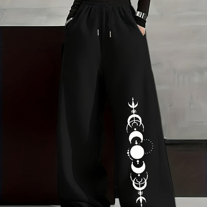Wide-leg lounge pants with moon phase pattern, elastic waistband
