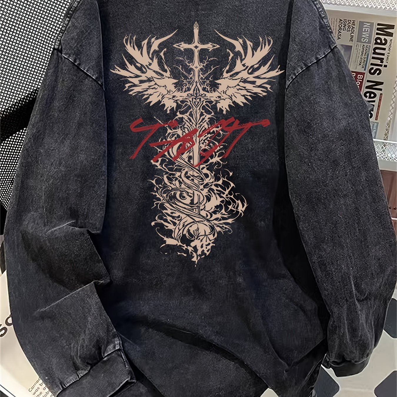 Unisex long-sleeve shirt with graphic print, acid-wash look, dark gray