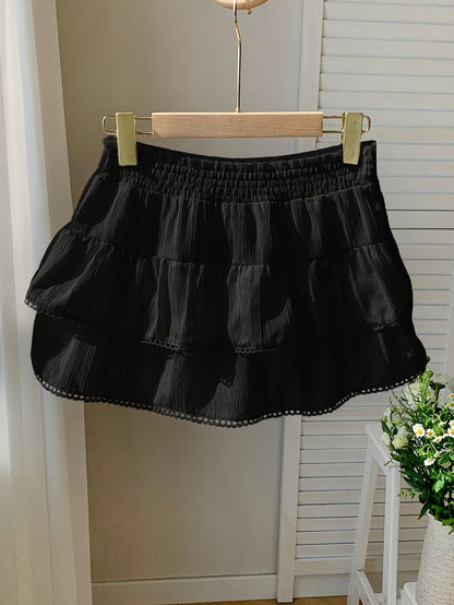 Women's summer mini skirt with ruffles and elastic waistband – Playful boho style for leisure and vacation