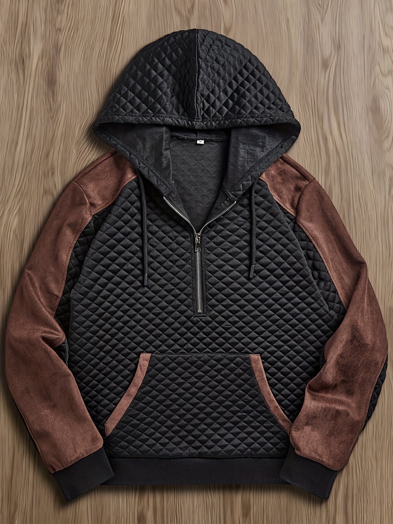 Men's quilted hoodie with half-zip and hood