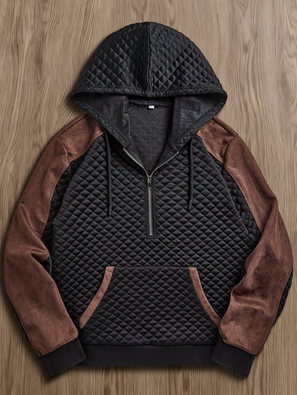 Men's quilted hoodie with half-zip and hood
