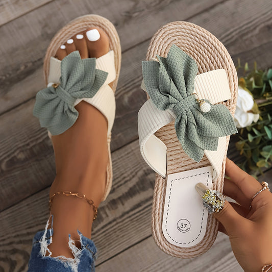 Women's Vintage Summer Slides with Large Bow and Toe Strap – Comfortable Casual Sandals
